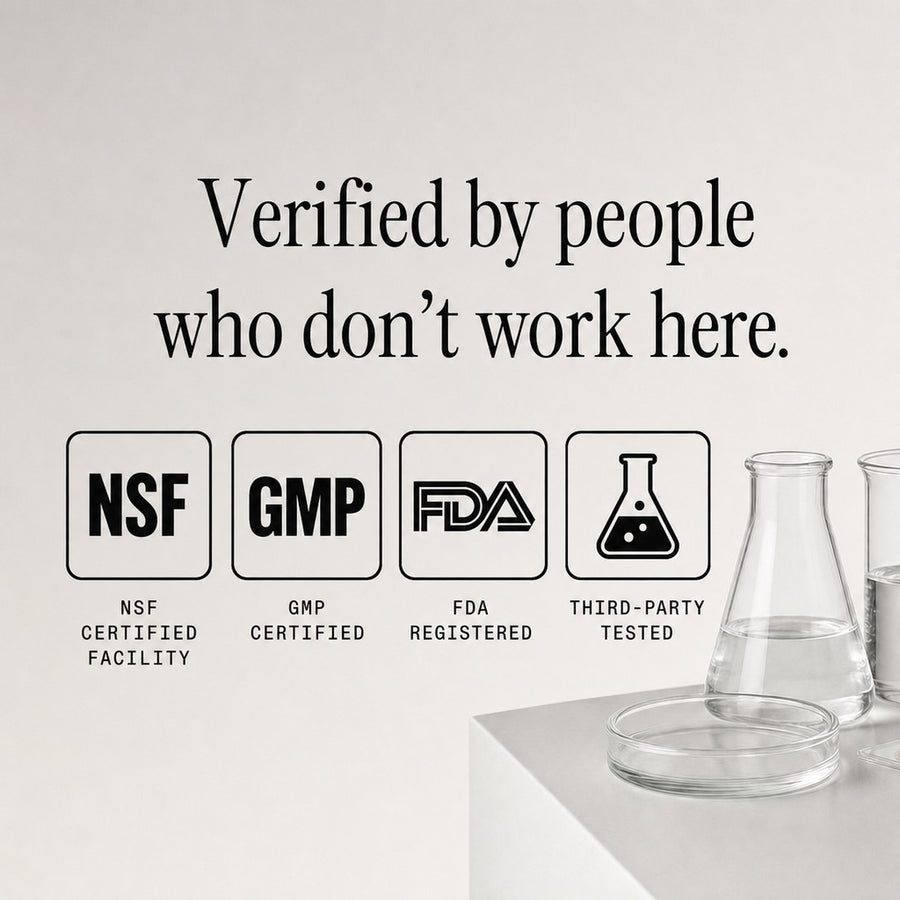 FDA-registered and NSF-certified manufacturing facility marks over a laboratory bench: verified by people who don’t work here