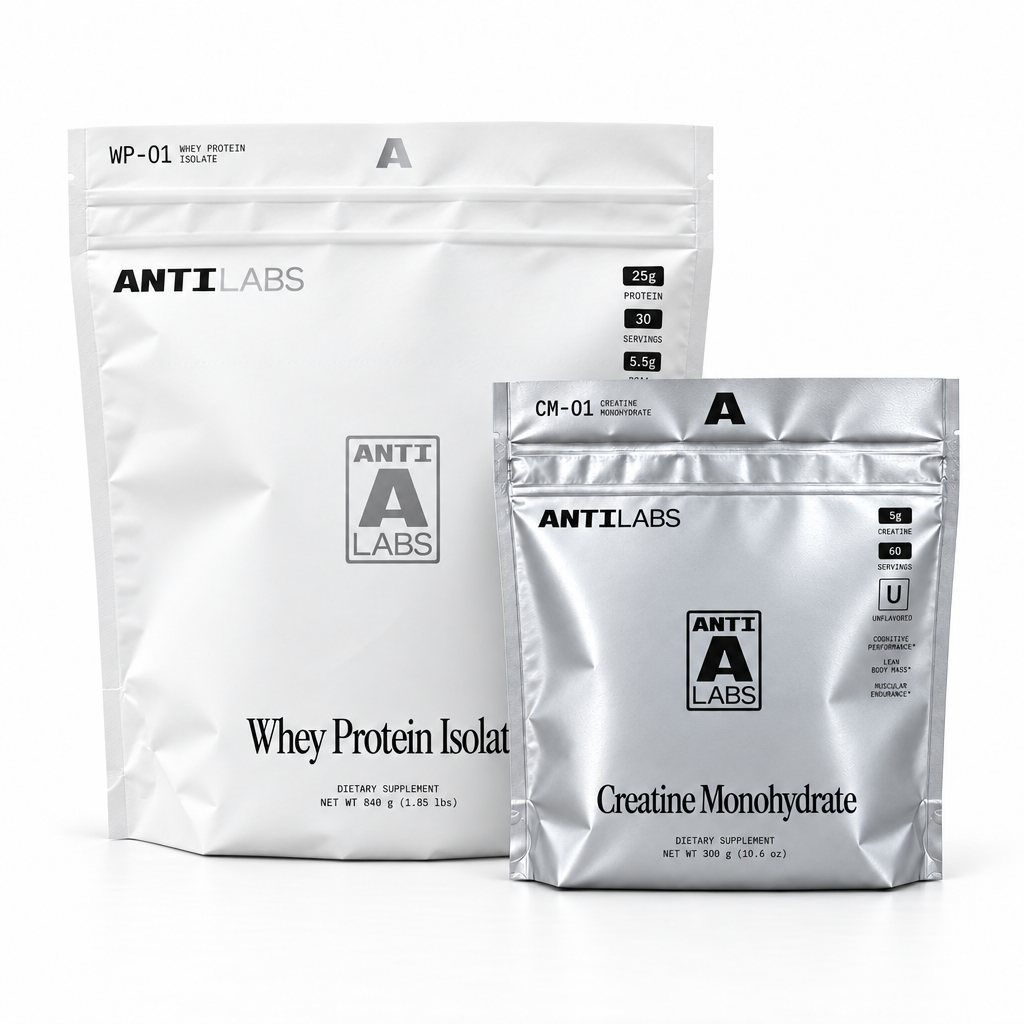 ANTI Labs whey protein and creatine pouches overlapping on white.